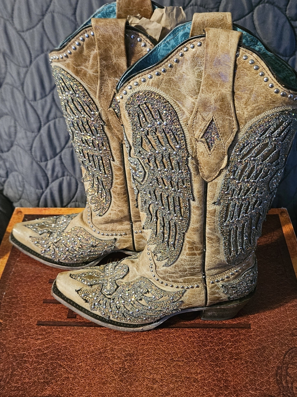 Corral Vintage Rare Tan Cross And Wings Wedding Boots